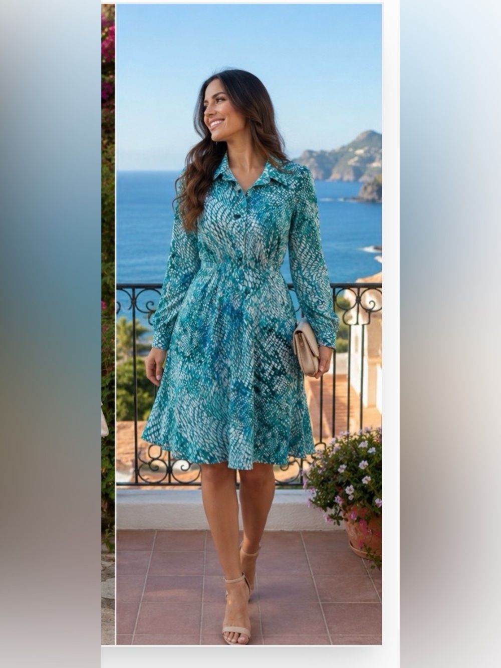 Liz Claiborne Teal & White Collared Long-Sleeve Dress